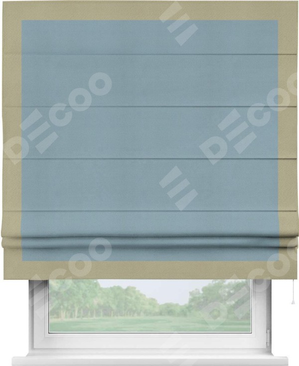 Римская штора «Кортин» с кантом Чесс, для проема, ткань блэкаут однотонный серо-голубой