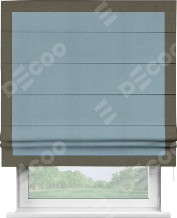 Римская штора «Кортин» с кантом Чесс, для проема, ткань блэкаут однотонный серо-голубой